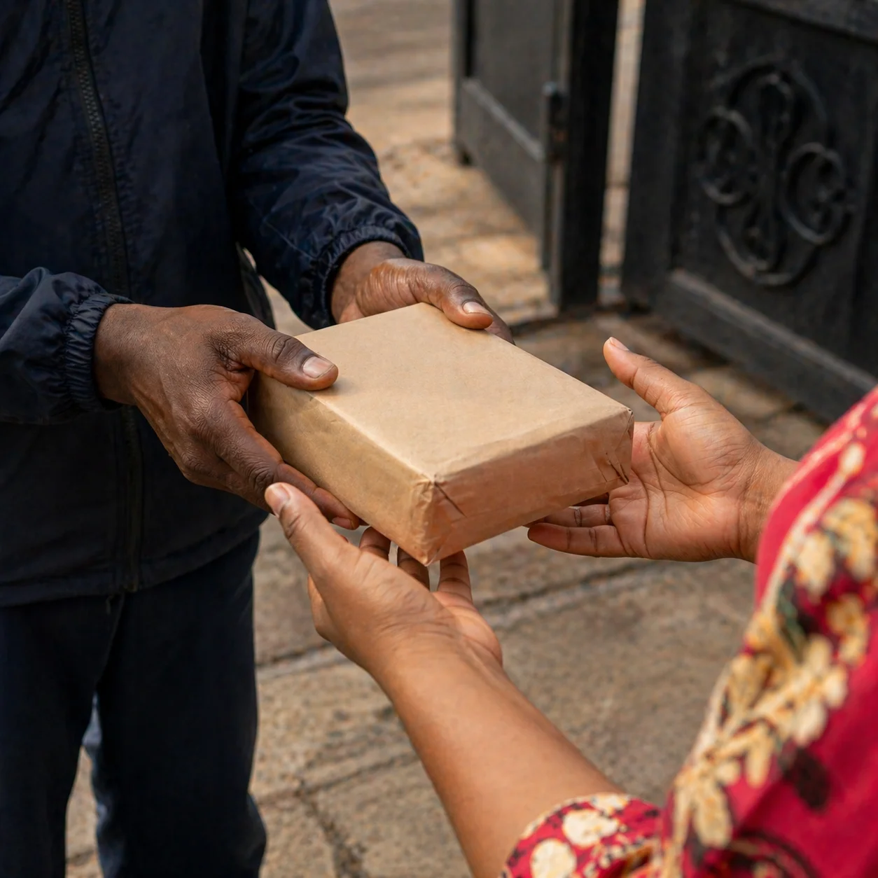 Delivery rider handing plain brown package to a woman's open hands at Lagos doorstep