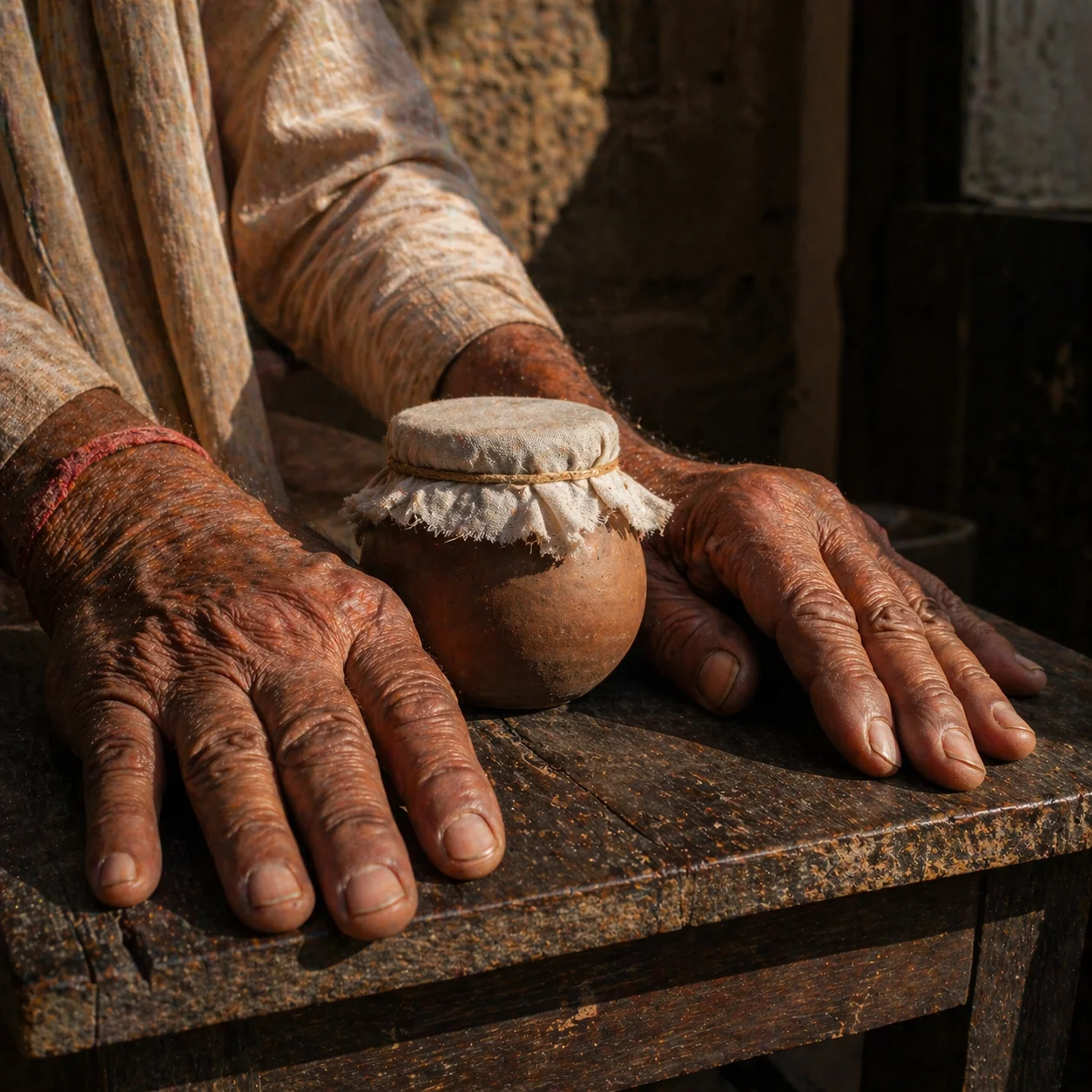 Baba Vegah's hands beside a sealed clay pot in ashram light