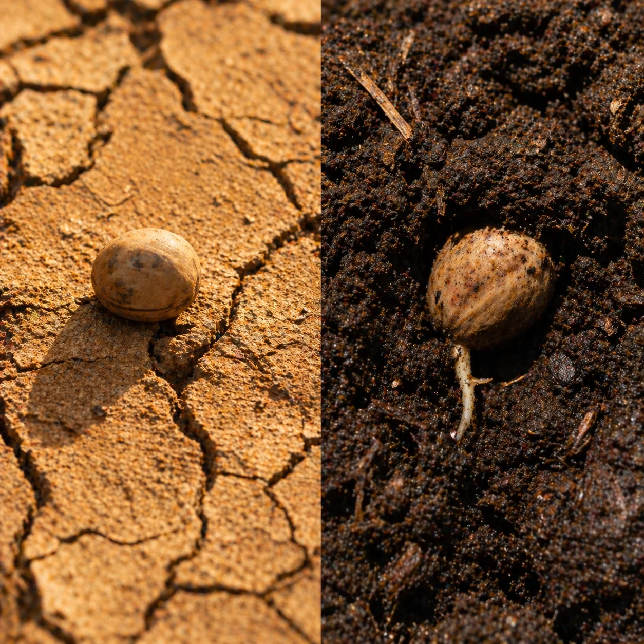 Split: dry cracked earth with seed on surface left, dark moist earth with root forming right