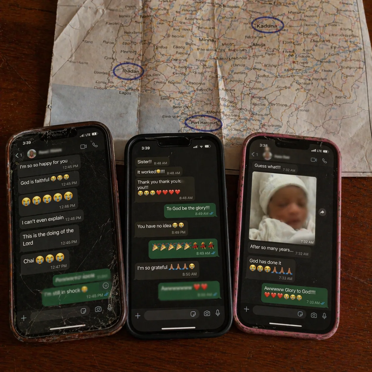 Three smartphones showing WhatsApp conversations, Nigerian map with Port Harcourt, Ibadan, Kaduna marked