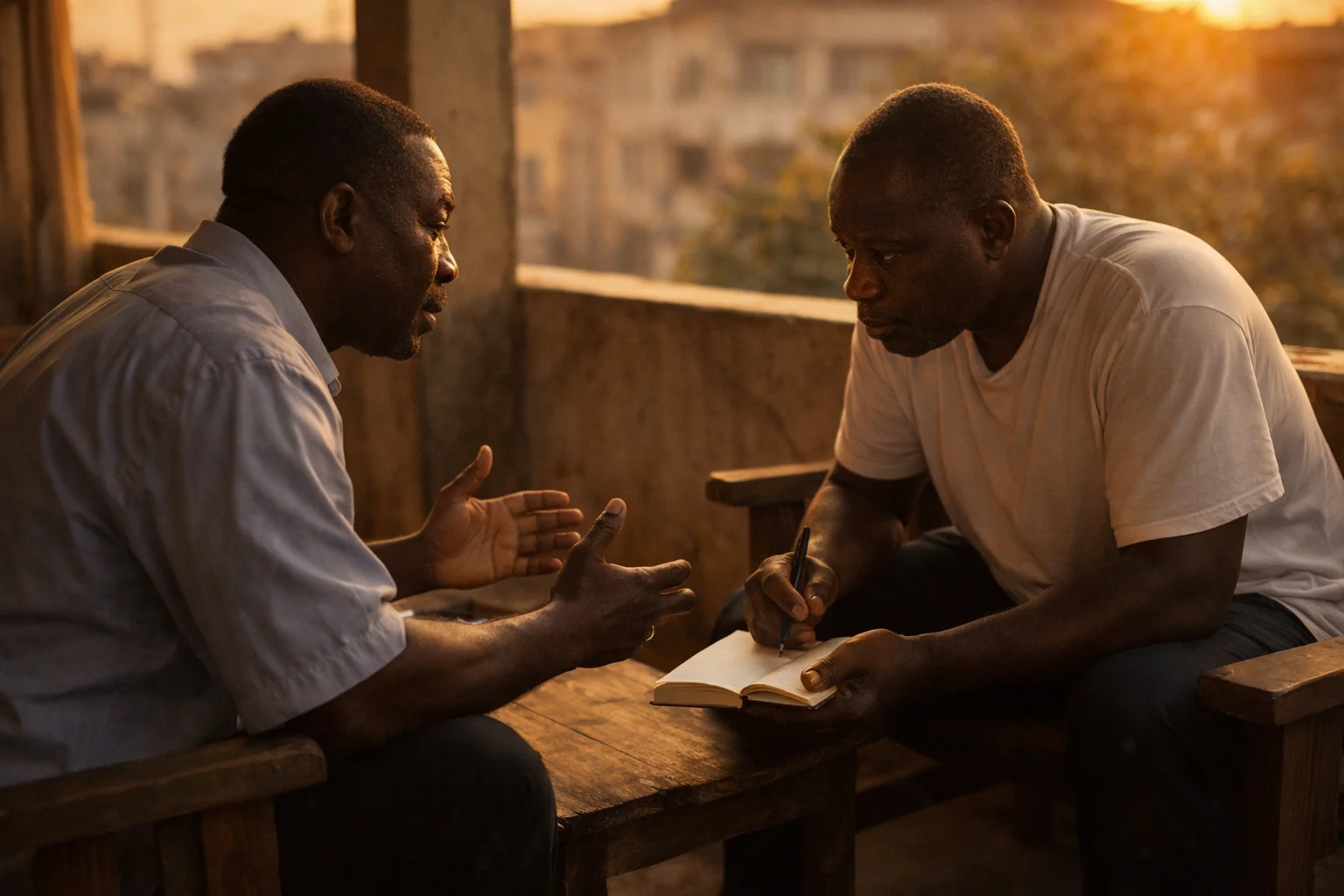 Two men on a verandah at sunset
