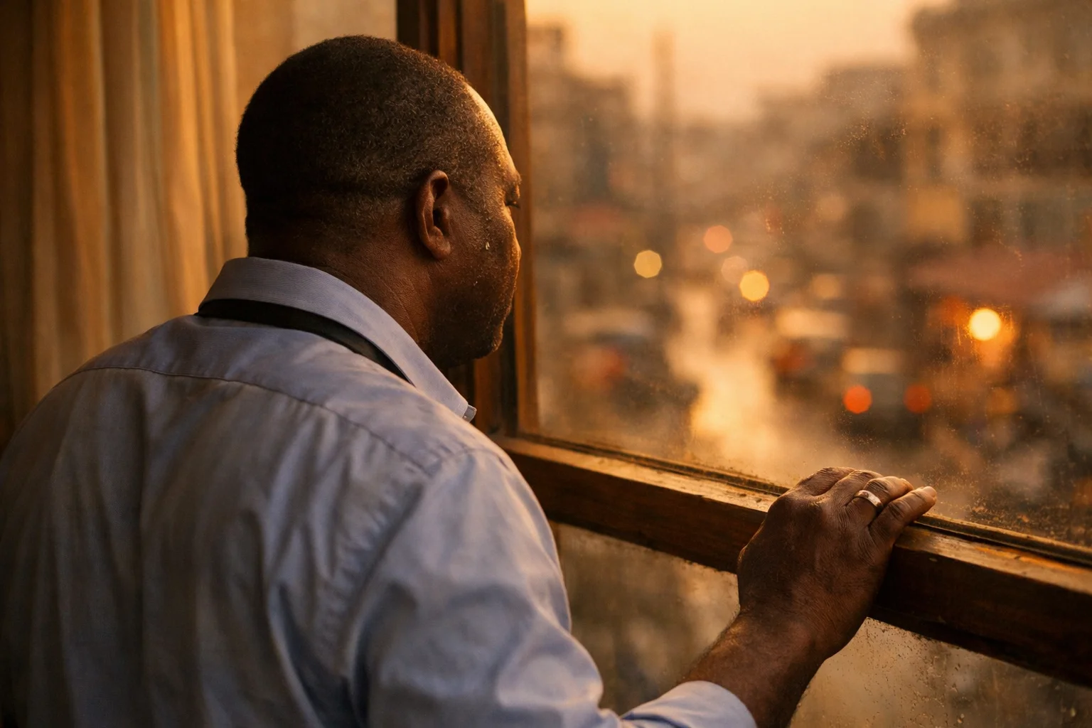 David at the window, back turned