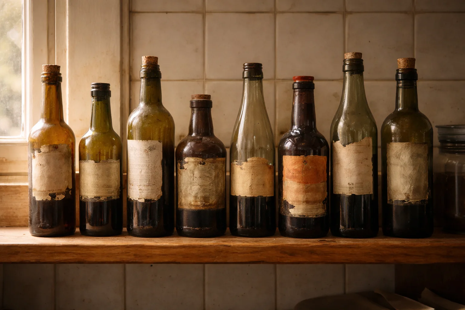 9 dark glass bottles on a kitchen shelf