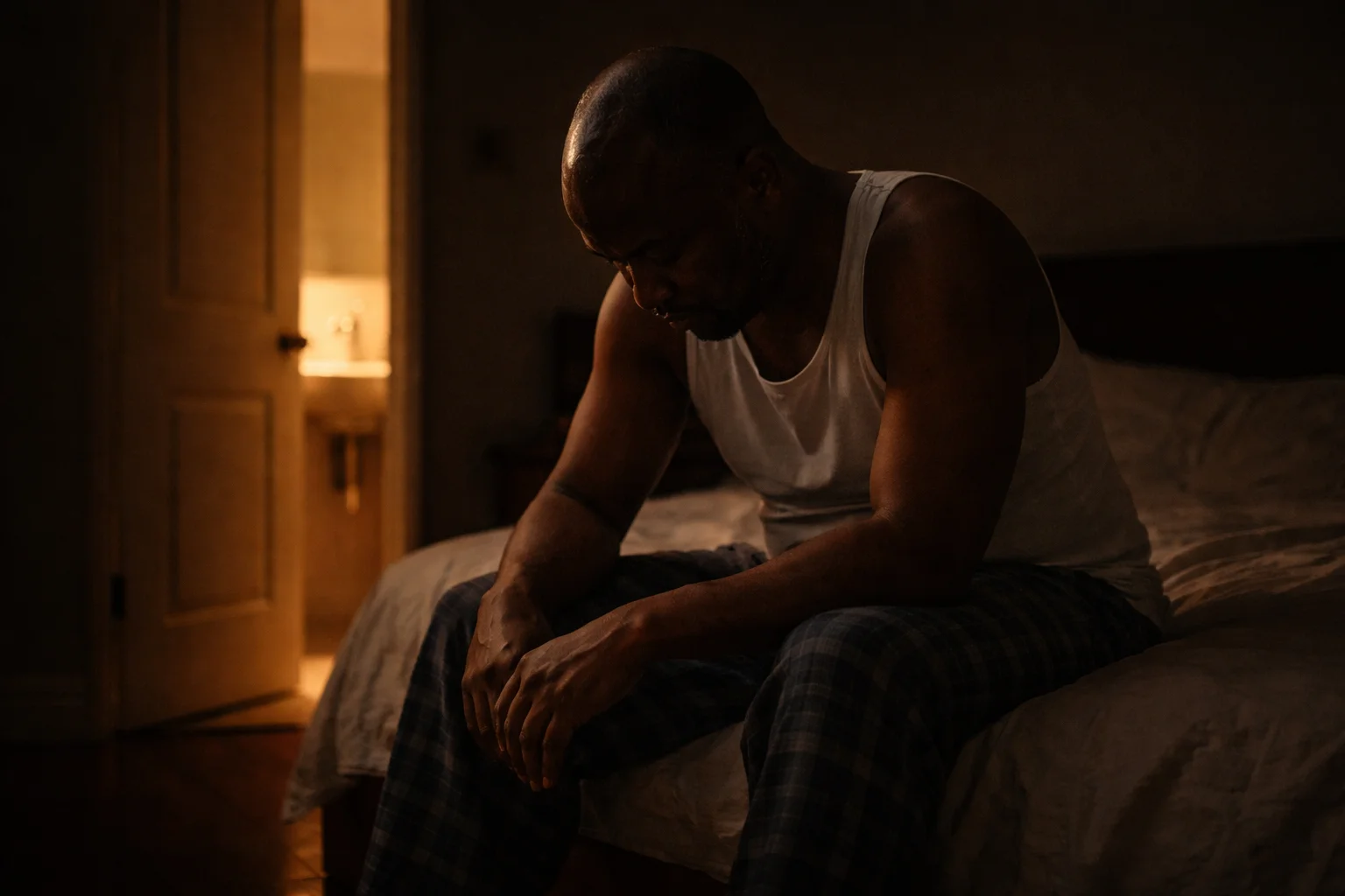 David at the foot of his bed in the dark