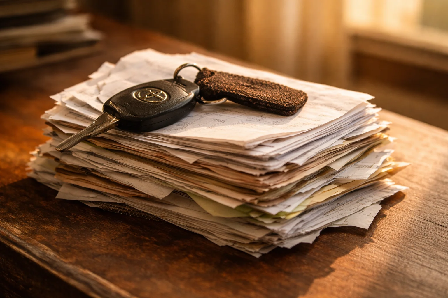 Years of receipts, weighed down by a Toyota key