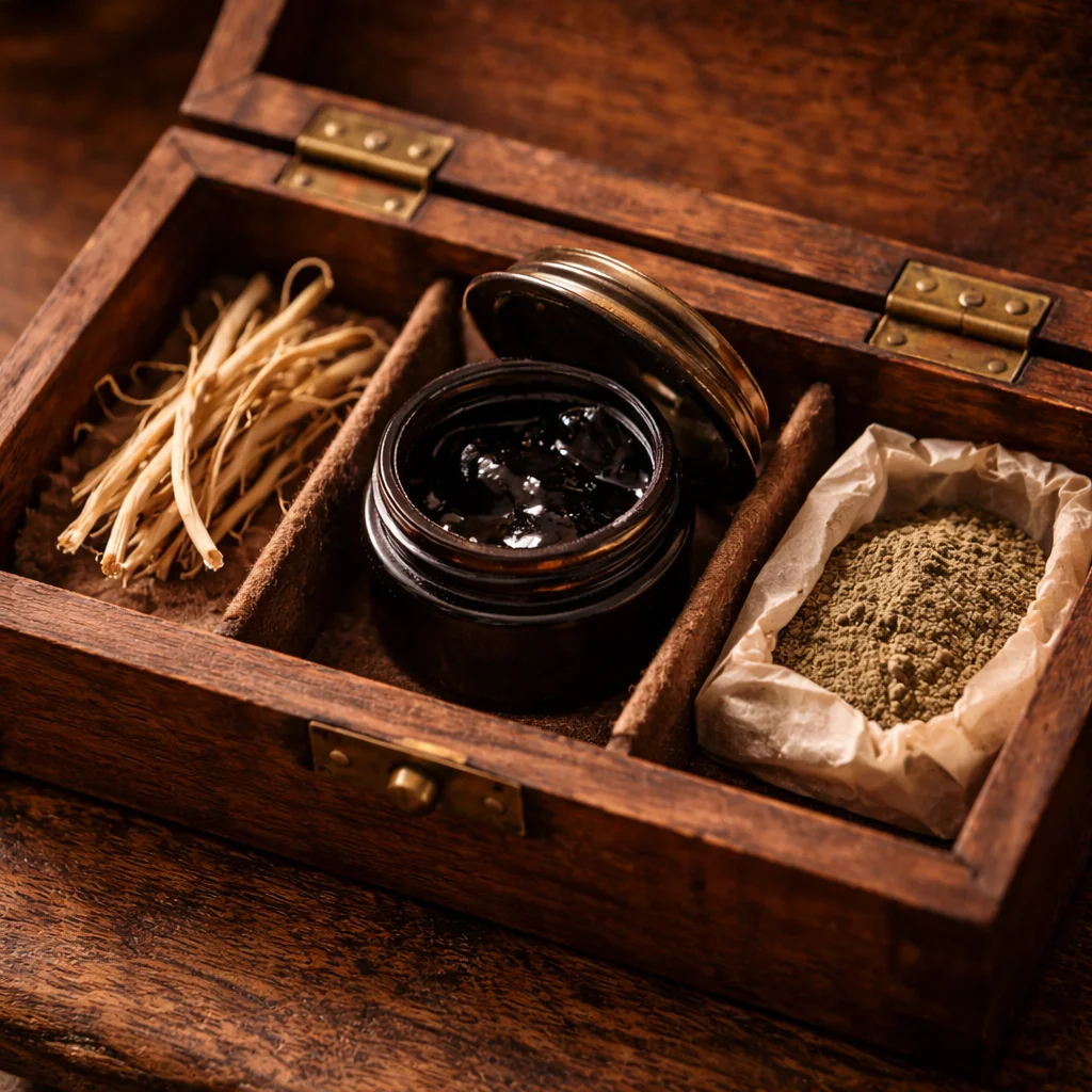 Wooden box with 3 items inside