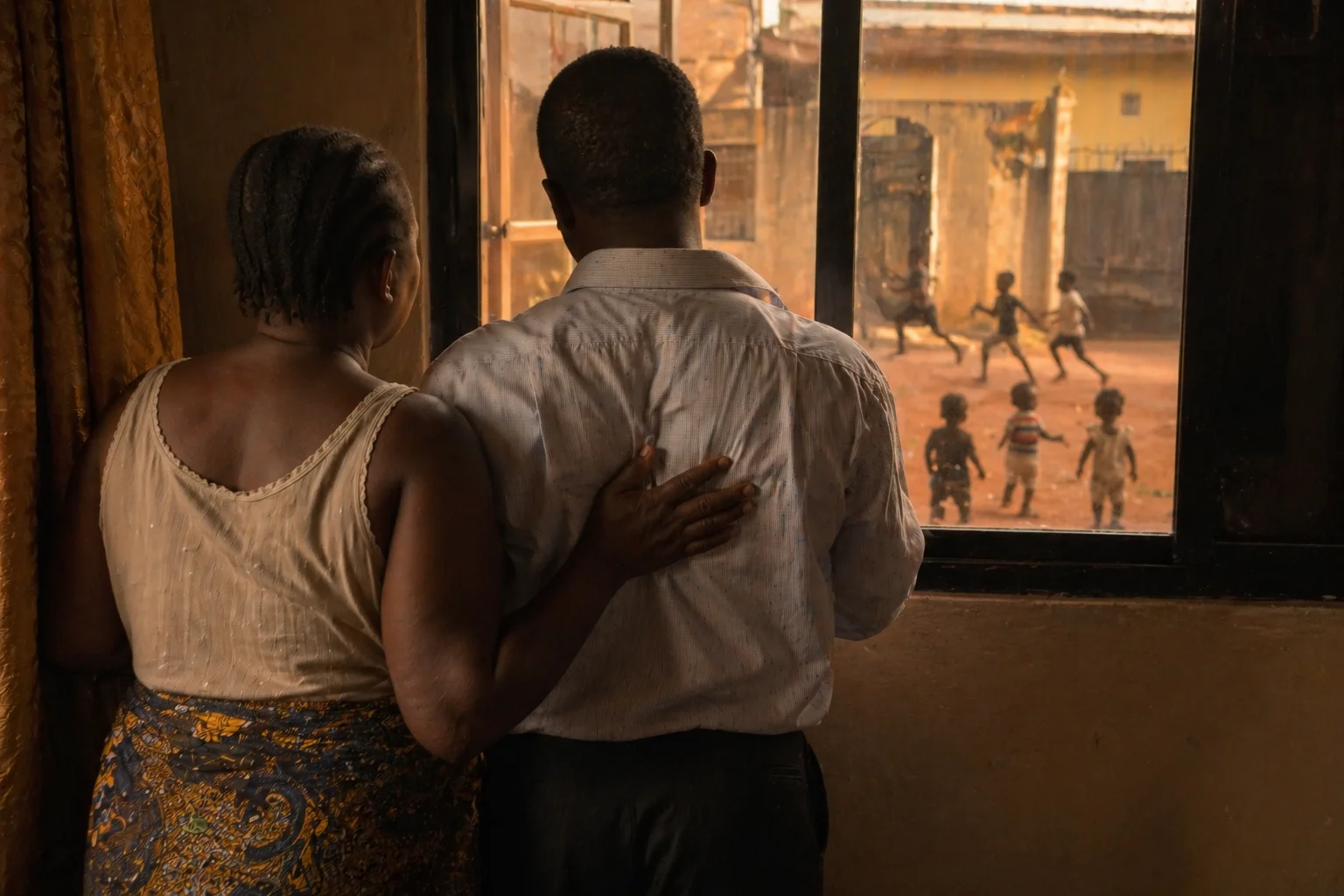 Adaeze and David at the window, her hand on his back, triplets below