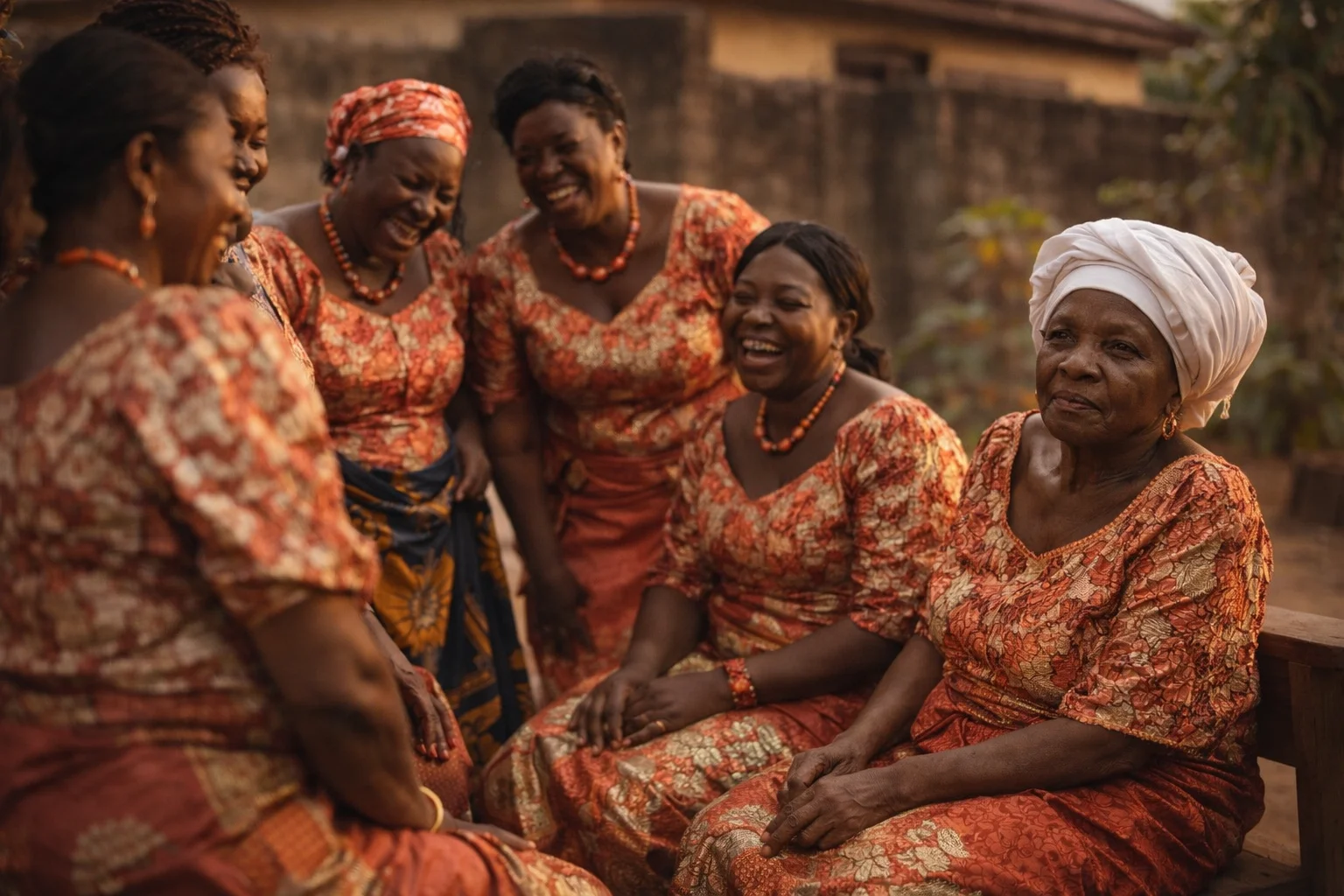 Women in aso-ebi at a Christmas compound