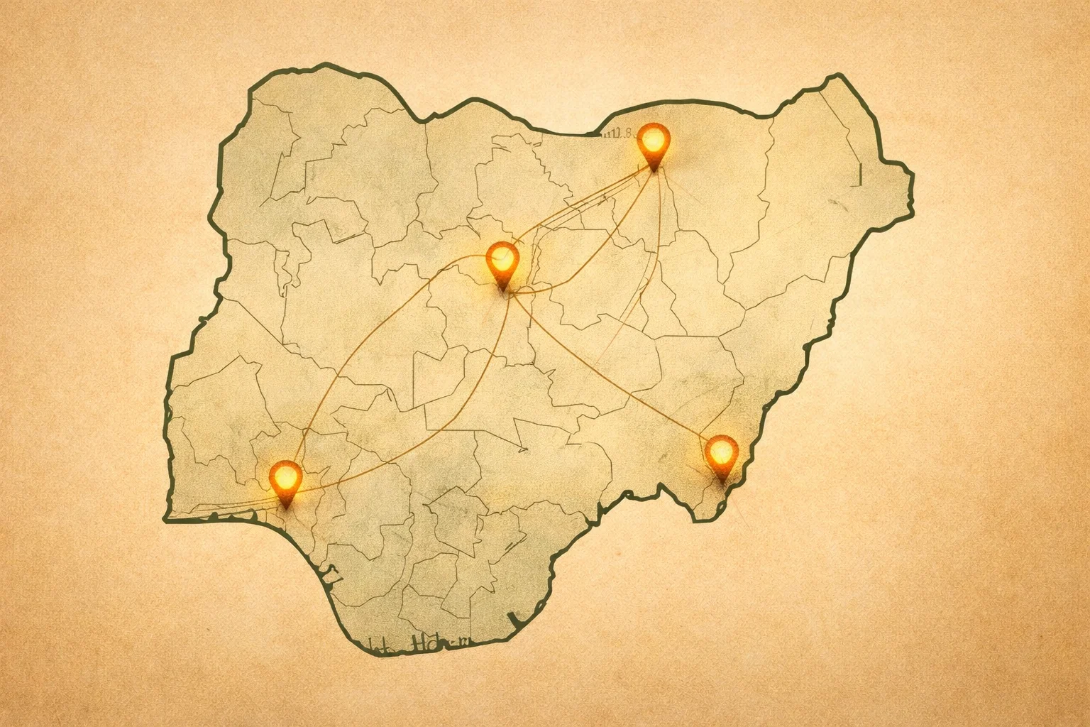 Map of Nigeria with 4 city markers