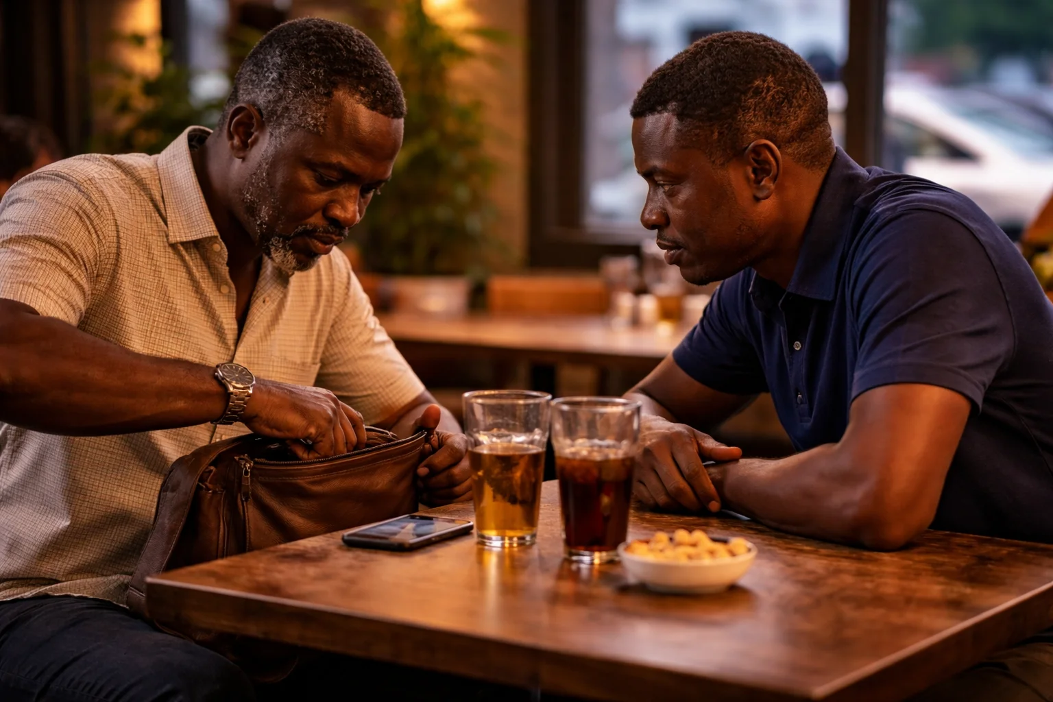 Two men at a restaurant table on Adeola Odeku