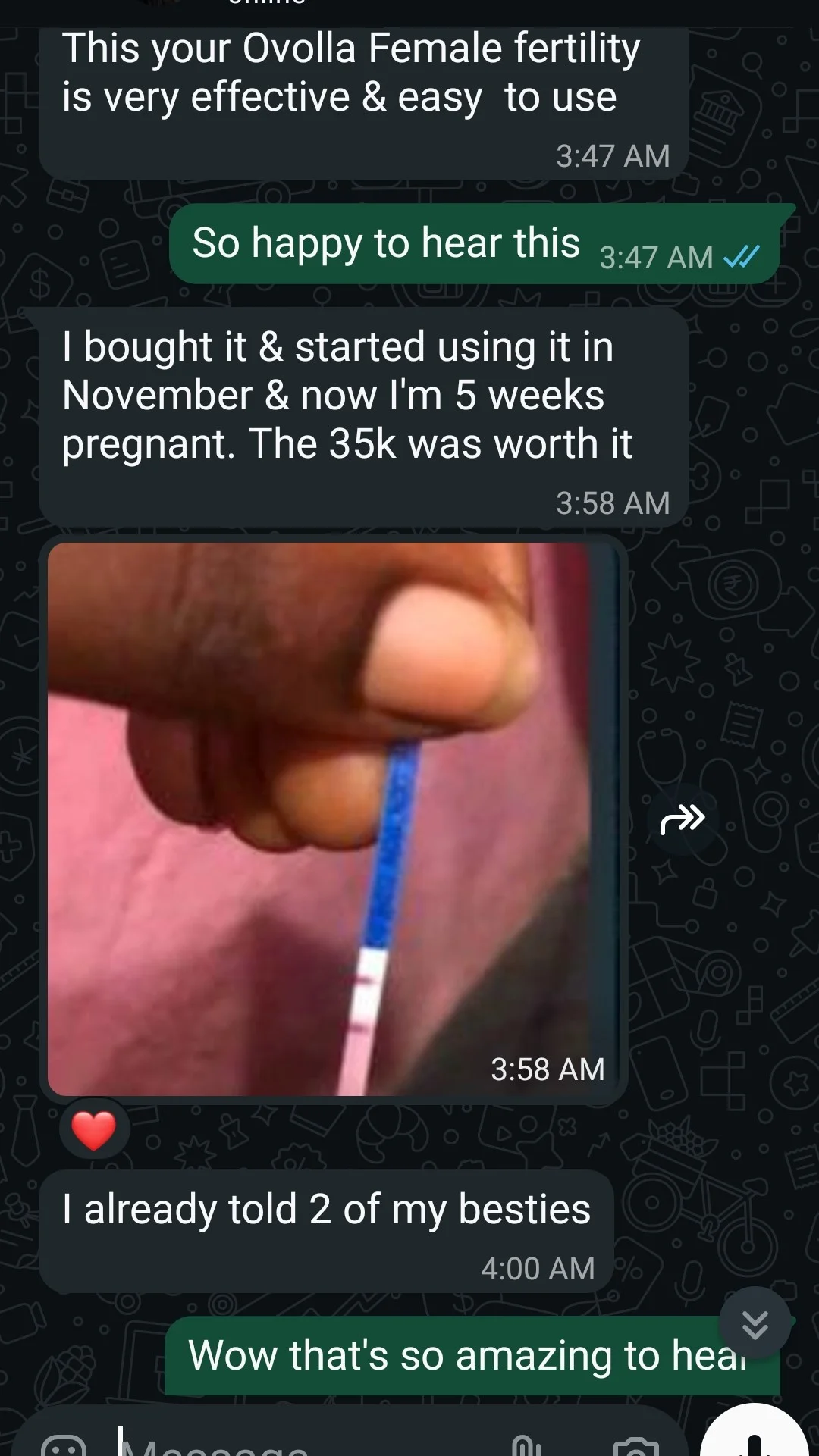 Real WhatsApp customer screenshot — first results fast